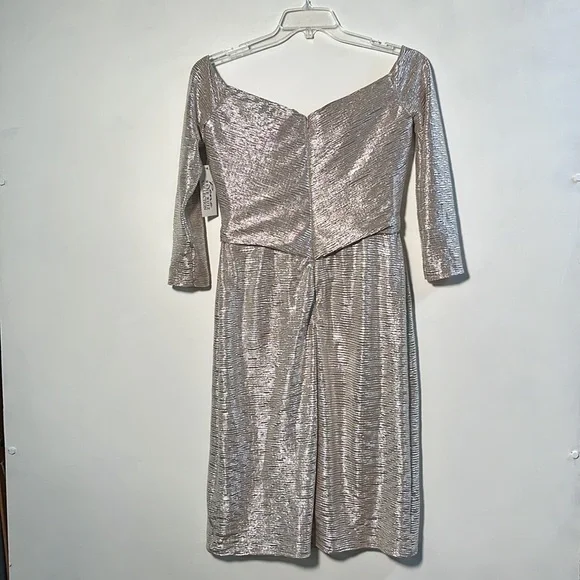 Rene Ruiz NWT Draped Cocktail 3/4 SLV Champagne Metallic Off Shoulder Dress SZ10 - Picture 3 of 15